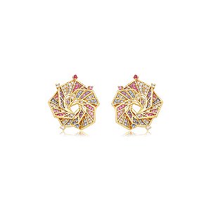 Brinco cravejado de zircônia colorida banho em ouro 18k