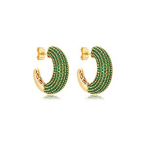 Brinco de argola cravejado de zircônia esmeralda em Banho de ouro 18k