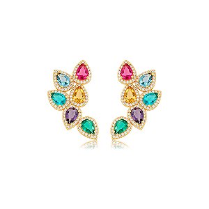 Brinco de gota cravejado de zircônia colorida banho em ouro 18k