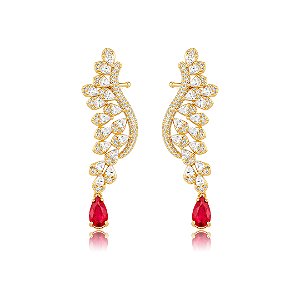 Brinco ear cuff cravejado de zircônia cristal com detalhe em zircônia rubi banho em ouro 18k