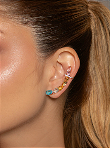 Brinco ear cuff cravejado de zircônia colorida banho em ouro 18k
