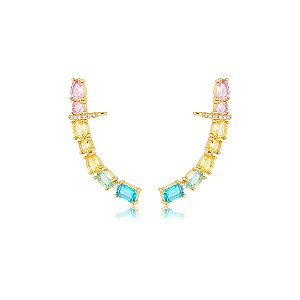Brinco ear cuff cravejado de zircônia colorida banho em ouro 18k