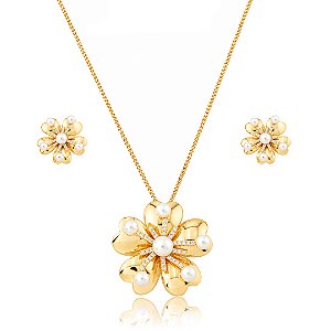 Conjunto flor de brinco e colar com pérola shell banho em ouro 18k