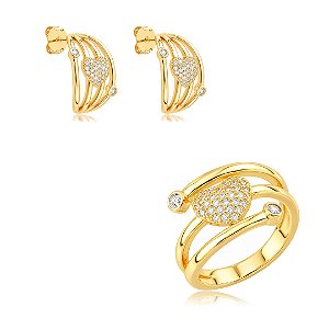 Conjunto de brinco e anel coração cravejado de zircônia cristal banho em ouro 18k