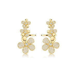 Brinco de ear cuff flor cravejado de zircônia cristal banho em ouro 18k