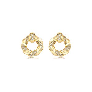 Brinco dourado cravejado de zircônia cristal banho em ouro 18k