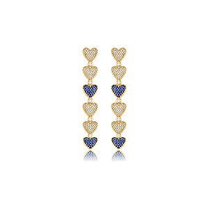 Brinco de coração cravejado de zircônia cristal e safira banho em ouro 18k