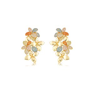 Brinco de flor dourado cravejado de zircônia colorida banho em ouro 18k