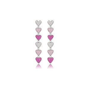 Brinco de coração cravejado de zircônia cristal e pink banho em ródio branco