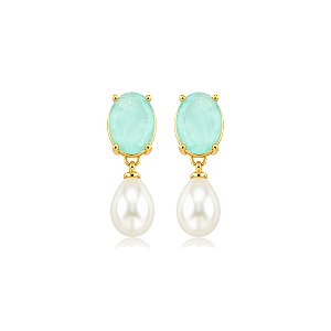 Brinco com pedra fusion acqua e pérola shell ouro 18k