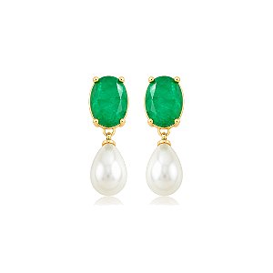 Brinco com pedra fusion esmeralda e pérola shell ouro 18k