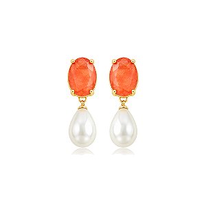 Brinco com pedra fusion coral e pérola shell ouro 18k
