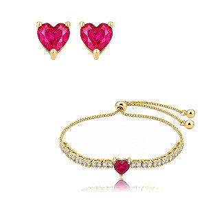 Conjunto de brinco e pulseira de coração com zircônia cristal e pink banho em ouro 18k
