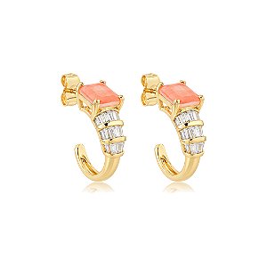 Brinco de argola cravejado de zircônia cristal e pedra fusion morganita banho em ouro 18k