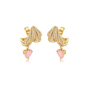 Brinco de argola coração cravejado de zircônia cristal e pedra fusion rodonita banho em ouro 18k