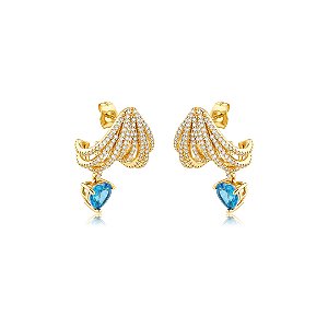 Brinco de argola coração cravejado de zircônia cristal e pedra fusion topázio banho em ouro 18k