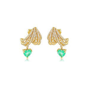 Brinco de argola coração cravejado de zircônia cristal e pedra fusion turmalina banho em ouro 18k