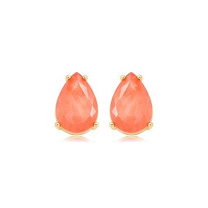 Brinco gota com pedra fusion coral banho em ouro 18k