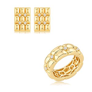 Conjunto de brinco e anel liso com detalhes em zircônia cristal banho em ouro 18k
