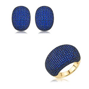 Conjunto luxo de brinco e anel cravejado de zircônia safira banho em ouro 18k