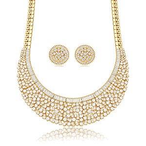 Conjunto luxo de brinco e colar cravejado de zircônia cristal banho em ouro 18k
