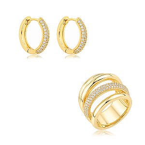 Conjunto de brinco e anel cravejado de zircônia cristal banho em ouro 18k