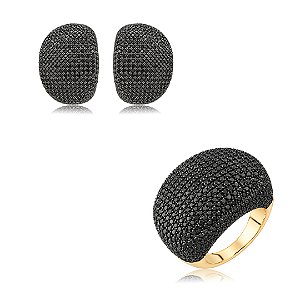 Conjunto luxo de brinco e anel cravejado de zircônia ônix banho em ouro 18k