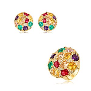 Conjunto luxo de brinco e anel cravejado de zircônia colorida banho em ouro 18k