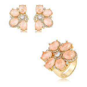 Conjunto de brinco e anel de zirconia fusion banho em ouro 18k