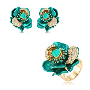 Conjunto Brinco e Anel Fusion Esmaltado com Zircônias Banho em Ouro 18K