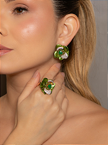 Conjunto Brinco e Anel Fusion Esmaltado com Zircônias Banho em Ouro 18K
