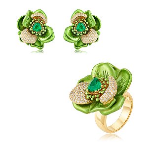 Conjunto Brinco e Anel Fusion Esmaltado com Zircônias Banho em Ouro 18K