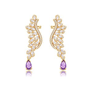 Brinco Ear Cuff cravejado de Zircônia cristal e pedra Fusion ametista Banho em Ouro 18K