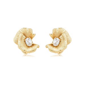 Brinco de Flor Texturizado com detalhe em zircônia cristal Banho em Ouro 18K