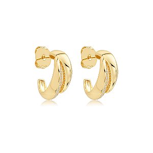 Brinco de Argola com Detalhe Duplo Cravejado Banho em Ouro 18K