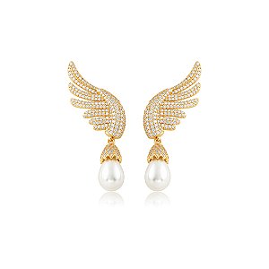Brinco Cravejado em zircônia cristal com Pérola Shell Banho em Ouro 18K