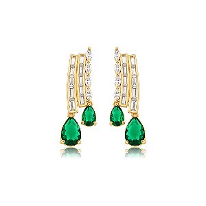 Brinco cravejado em zircônia cristal com detalhe em zircônia esmeralda Banho em ouro 18k