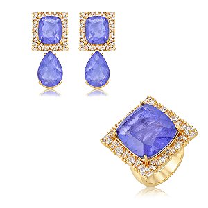 Conjunto luxo de brinco e anel com zircônia cristal e pedra fusion ametista banho em ouro 18k