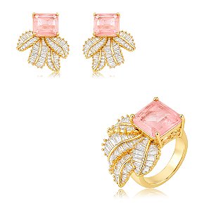 Conjunto luxo de brinco e anel com zircônia cristal e pedra fusion rodonita banho em ouro 18k