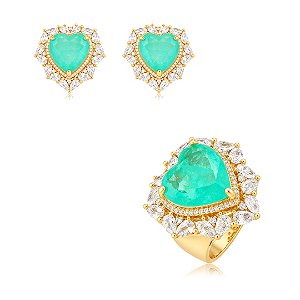 Conjunto coração de brinco e anel com zircônia cristal e pedra fusion turmalina banho em ouro 18k