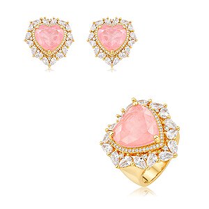 Conjunto coração de brinco e anel com zircônia cristal e pedra fusion rodonita banho em ouro 18k