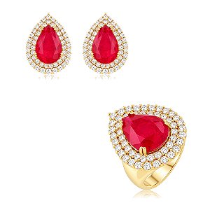 Conjunto de brinco e anel com zircônia cristal e pedra fusion rubi banho em ouro 18k