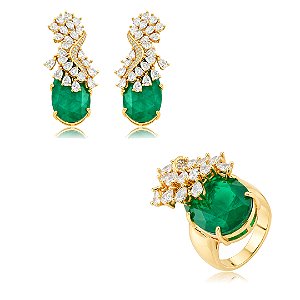 Conjunto de brinco e anel com zircônia cristal e pedra fusion esmeralda banho em ouro 18k