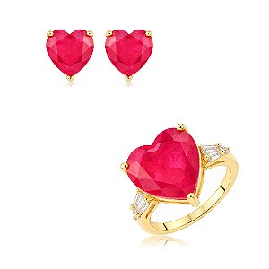 Conjunto de coração brinco e anel com pedra fusion rubelita banho em ouro 18k
