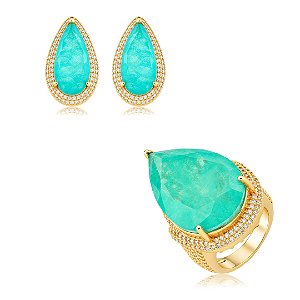 Conjunto de brinco e anel com pedra fusion turmalina e cravejado de zircônia banho em ouro 18k