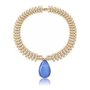 Colar cravejado de zircônia e pingente em pedra fusion ametista banho em ouro 18k