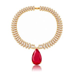 Colar Cravejado de zircônia e pingente em pedra Fusion Rubi Banho em Ouro 18K