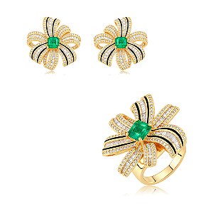 Conjunto flor de brinco e anel com pedra fusion esmeralda e cravejado de zircônia banho em ouro 18k