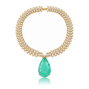 Colar Cravejado de zircônia e pingente em pedra Fusion Turmalina Banho em Ouro 18K