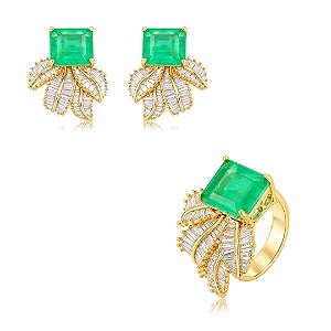 Conjunto luxo de brinco e anel com pedra fusion esmeralda e cravejado de zircônia banho em ouro 18k